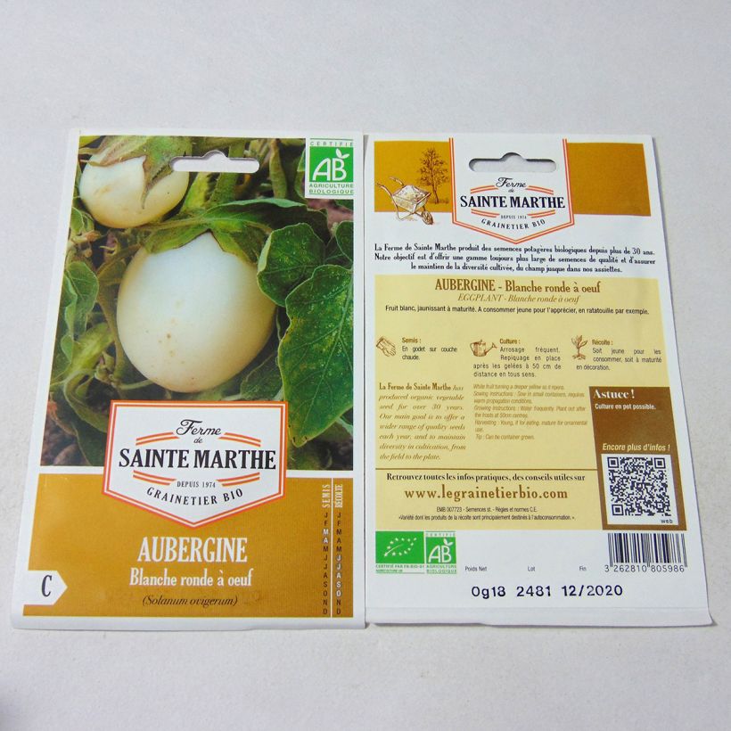 Beispiel eines Exemplars von Aubergine Blanche Ronde A Oeuf Bio die Tüte mit 40 Samen ungefähr (0.18g) wie geliefert