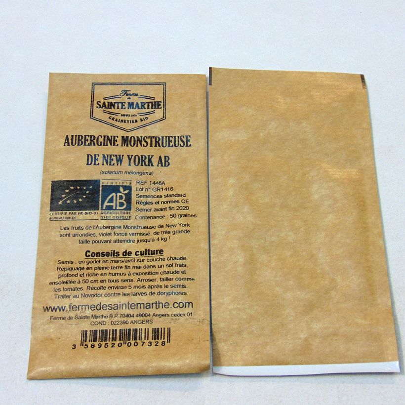 Beispiel eines Exemplars von Aubergine Monstrueuse de New-York Bio die Tüte mit 50 Samen ungefähr wie geliefert