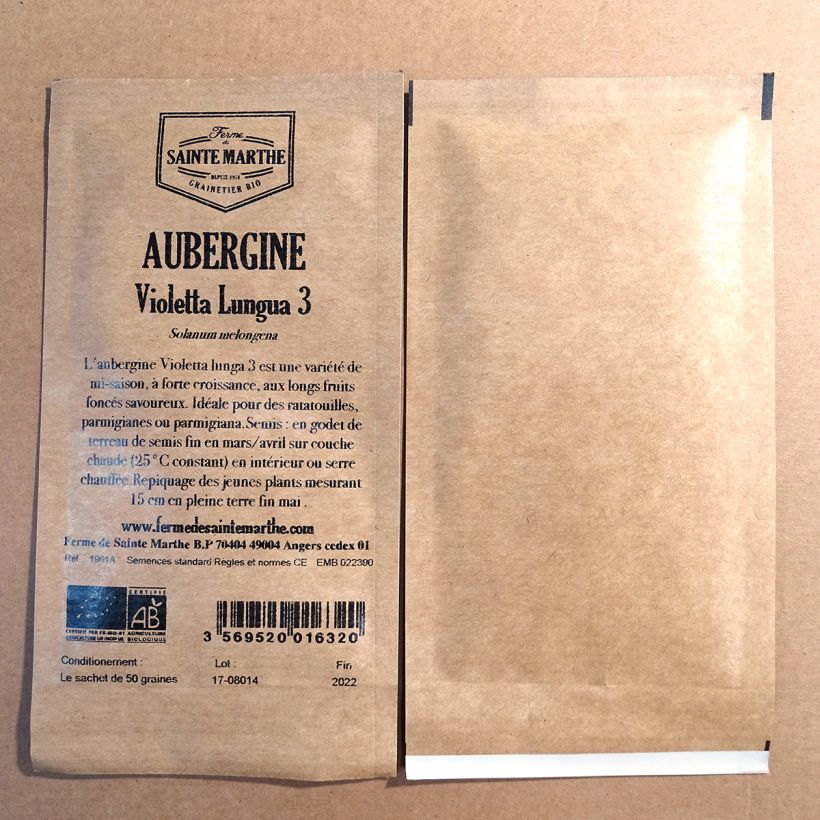 Beispiel eines Exemplars von Aubergine Violetta Lunga 2 Bio die Tüte mit 50 Samen ungefähr (0.2g) wie geliefert