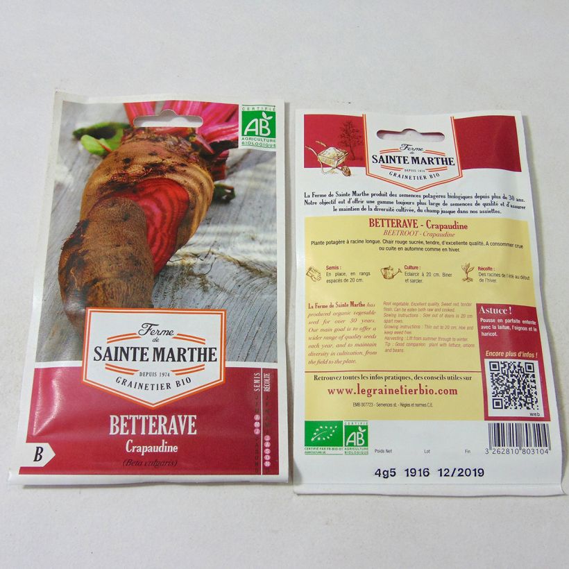 Example of Rote Bete Crapaudine Bio- Ferme de Sainte Marthe die Tüte mit 250 Samen ungefähr (4.5g) as you get