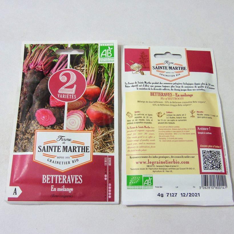 Beispiel eines Exemplars von Rote Bete Mix (Crapaudine, Chioggia) Bio - La Ferme de Sainte-Marthe die Tüte mit 200 Samen ungefähr (4g) wie geliefert