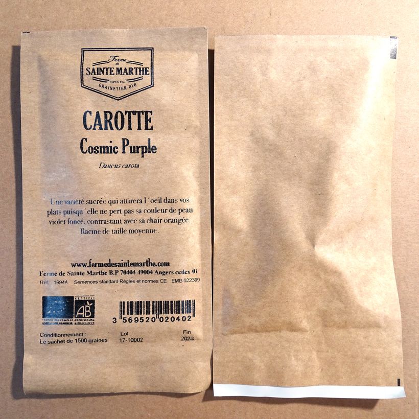 Beispiel eines Exemplars von Möhre Cosmic Purple Bio die Tüte mit 1500 Samen ungefähr wie geliefert