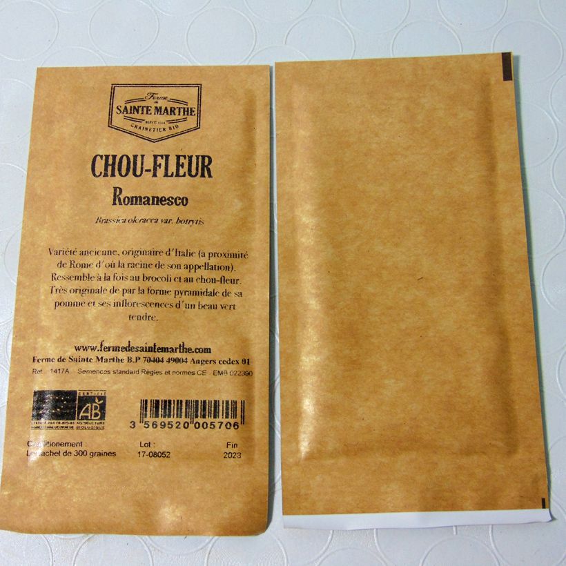 Beispiel eines Exemplars von Brokkoli Romanesco Bio - Ferme de Sainte Marthe die Tüte mit 300 Samen ungefähr (1g) wie geliefert