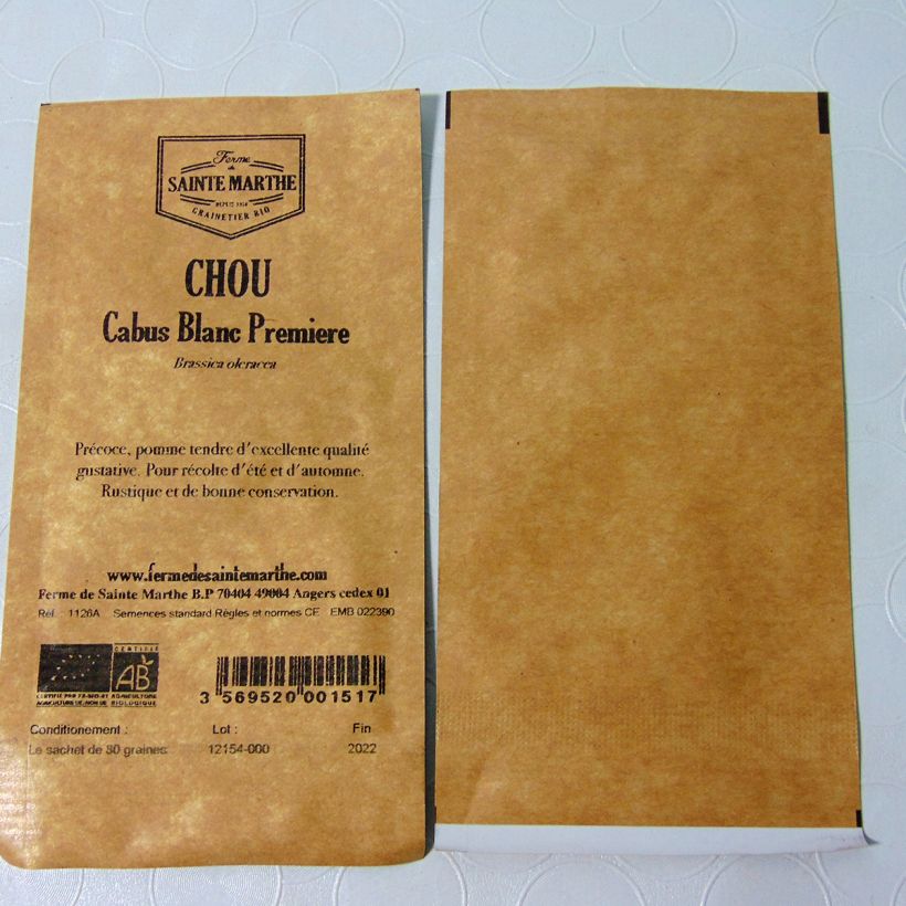 Beispiel eines Exemplars von Kopfkohl Blanc Première Bio - Ferme de Sainte Marthe die Tüte mit 80 Samen ungefähr wie geliefert