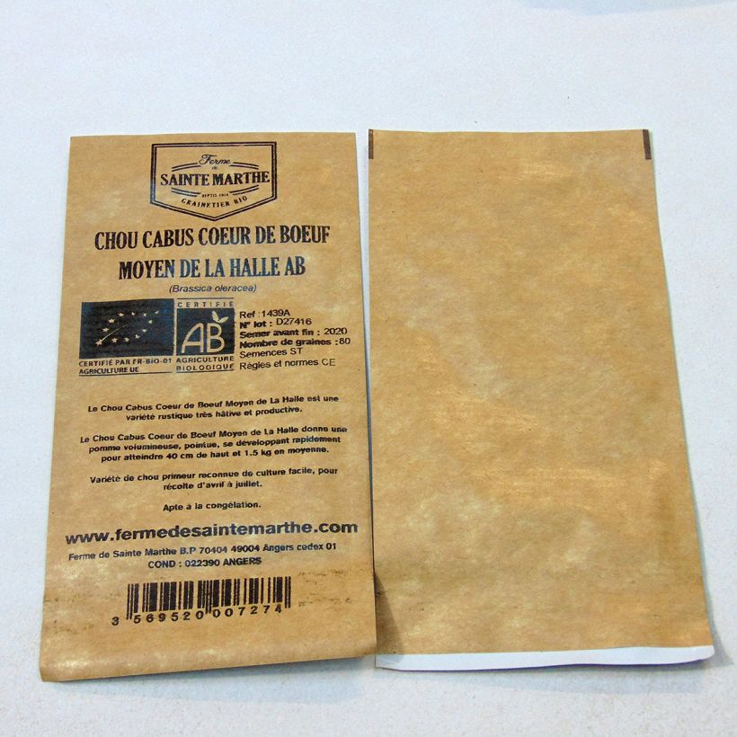 Beispiel eines Exemplars von Kopfkohl Cœur de Bœuf Moyen de la Halle Bio - Ferme de Sainte Marthe die Tüte mit 80 Samen ungefähr wie geliefert