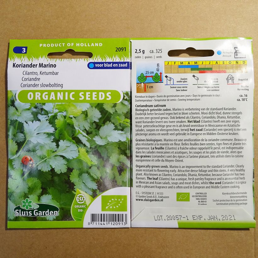Beispiel eines Exemplars von Koriander Marino Bio die Tüte mit 325 Samen ungefähr (2g) wie geliefert