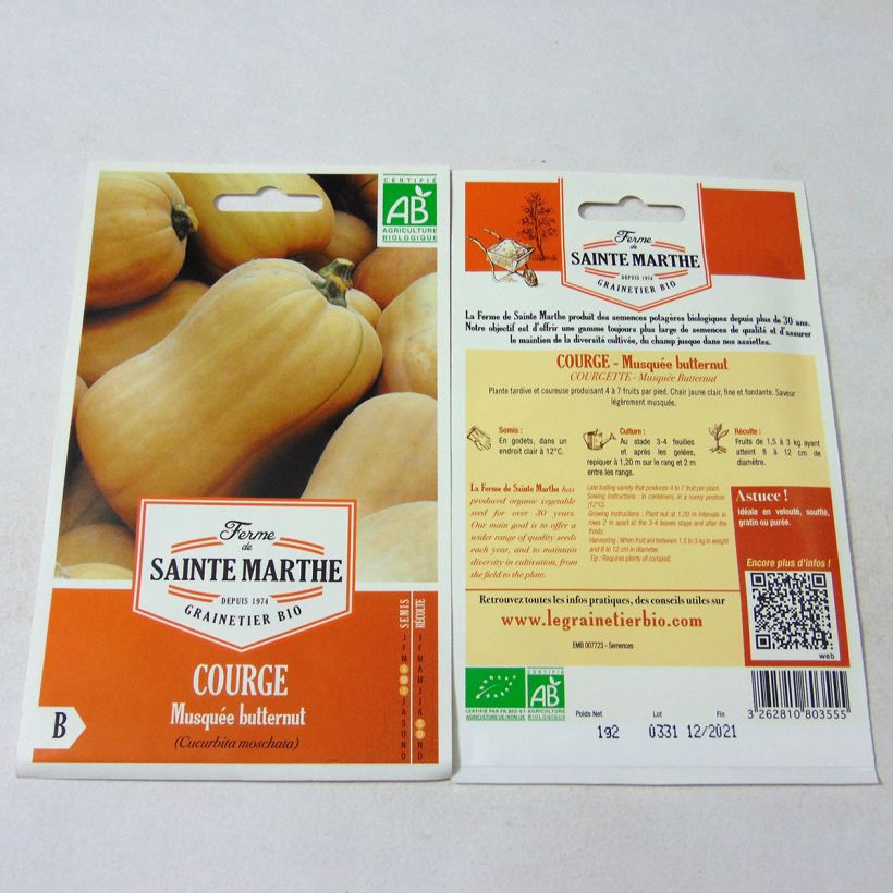 Beispiel eines Exemplars von Moschus-Kürbis Musquée Butternut Bio - Ferme de Sainte Marthe die Tüte mit 10 Samen ungefähr (1.2g) wie geliefert