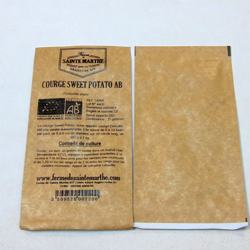 Beispiel eines Exemplars von Kürbis Sweet Potato Bio - Ferme de Sainte Marthe die Tüte mit 15 Samen ungefähr wie geliefert
