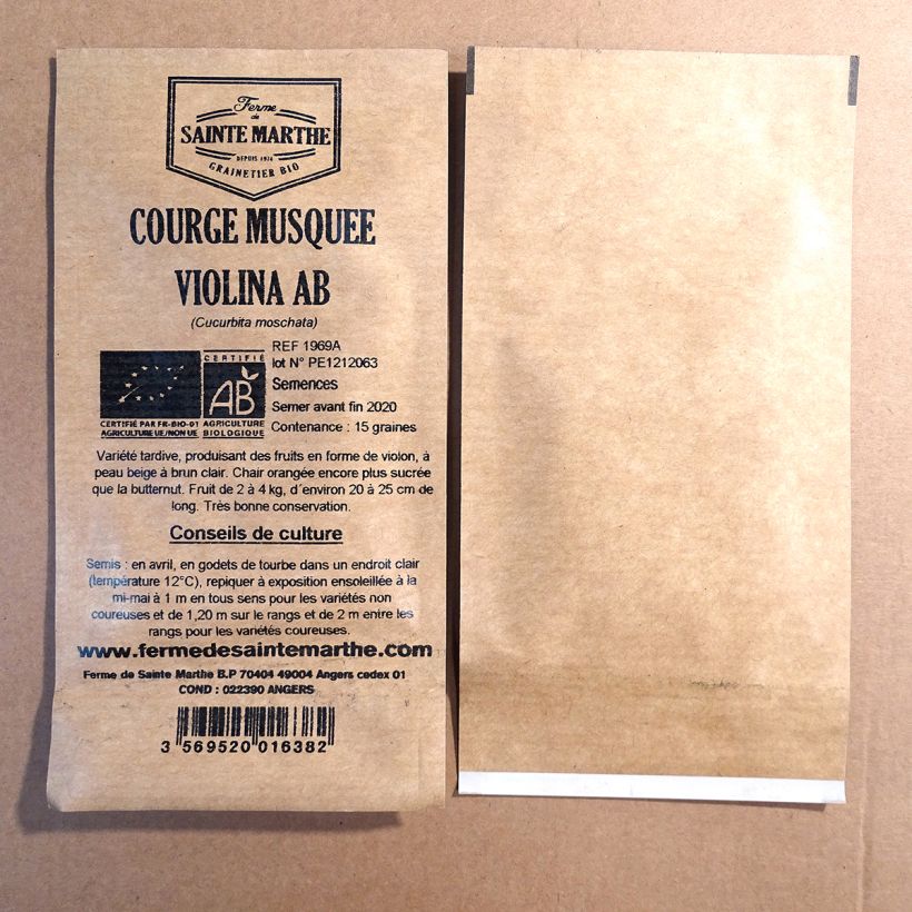 Beispiel eines Exemplars von Moschus-Kürbis musquée Violina bio Bio - Ferme de Sainte Marthe die Tüte mit 15 Samen ungefähr wie geliefert