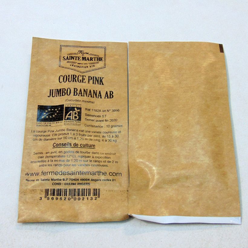 Beispiel eines Exemplars von Riesen-Kürbis Pink Jumbo Banana Bio - Ferme de Sainte Marthe die Tüte mit 10 Samen ungefähr (2g) wie geliefert