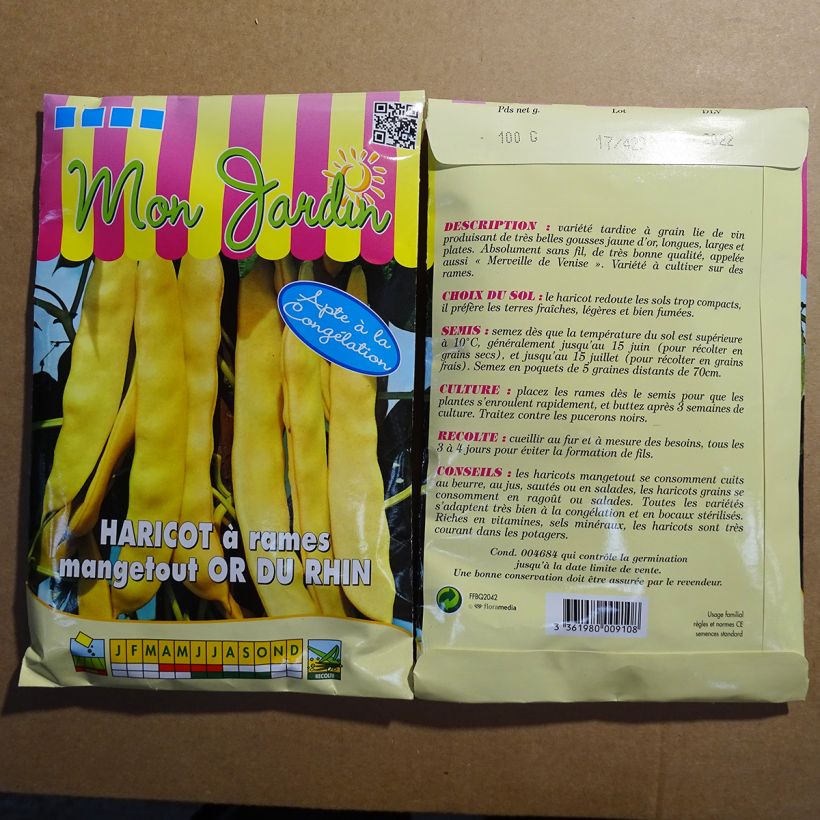 Beispiel eines Exemplars von Stangenbohne Or du Rhin die Tüte mit 200 Samen ungefähr (100g) wie geliefert