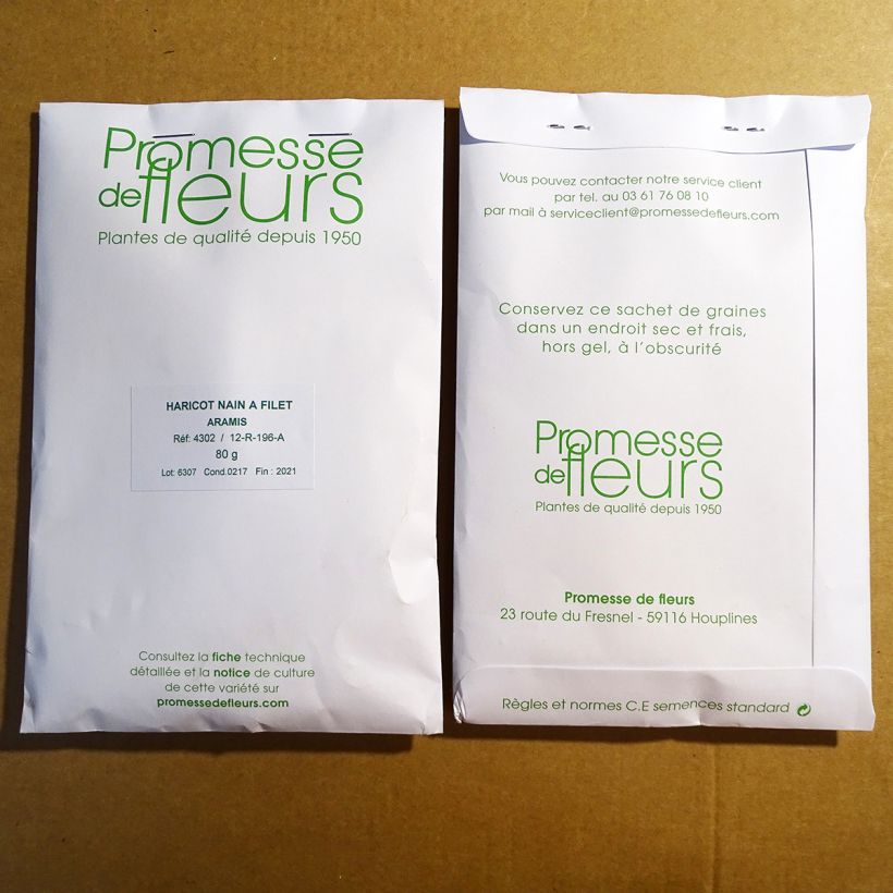 Beispiel eines Exemplars von Zwergbohne Aramis die Tüte mit Samen von 80 Gramm wie geliefert