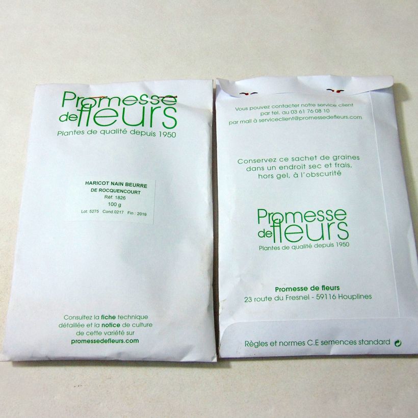 Beispiel eines Exemplars von Zwergbohne Beurre de Rocquencourt die Tüte mit 250 Samen ungefähr (100g) wie geliefert