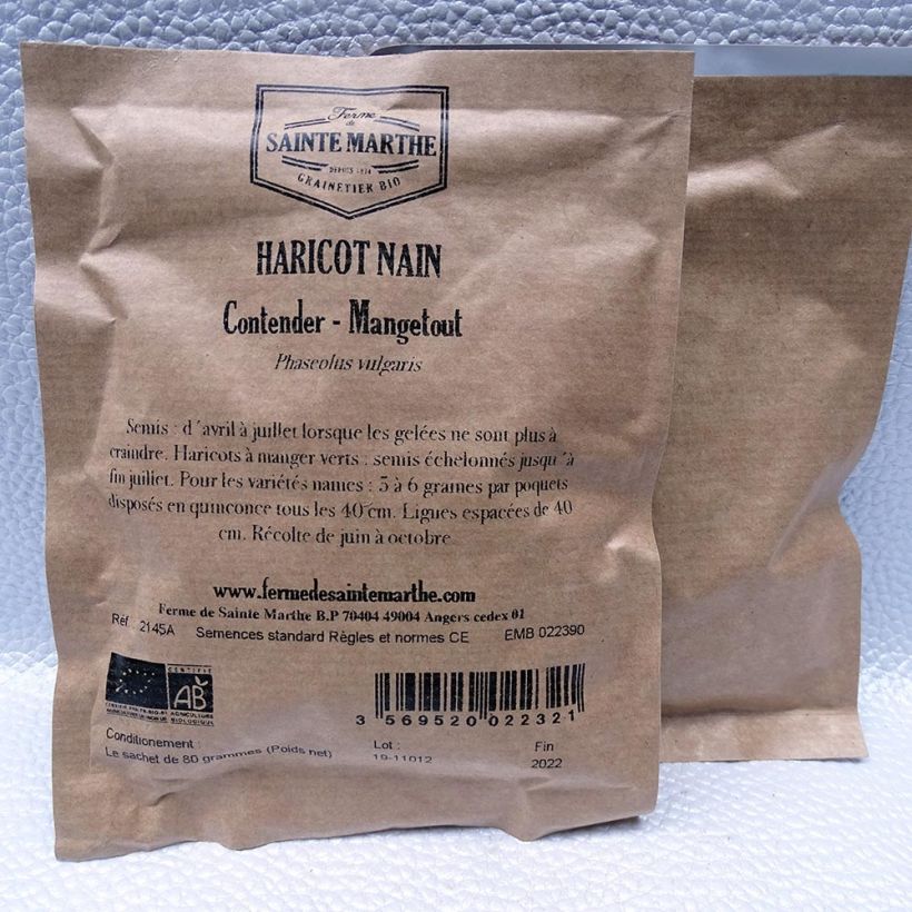 Beispiel eines Exemplars von Zwergbohne Contender Bio die Tüte mit Samen von 80 Gramm wie geliefert