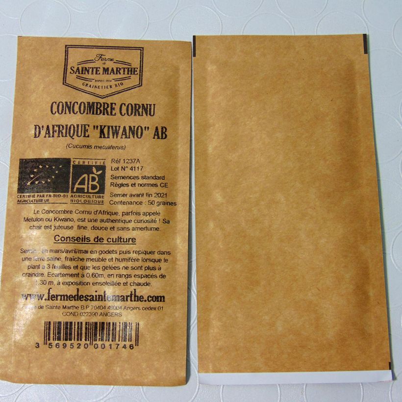 Beispiel eines Exemplars von Cucumis metuliferus Bio - Ferme de Sainte Marthe - Horngurke die Tüte mit 20 Samen ungefähr wie geliefert