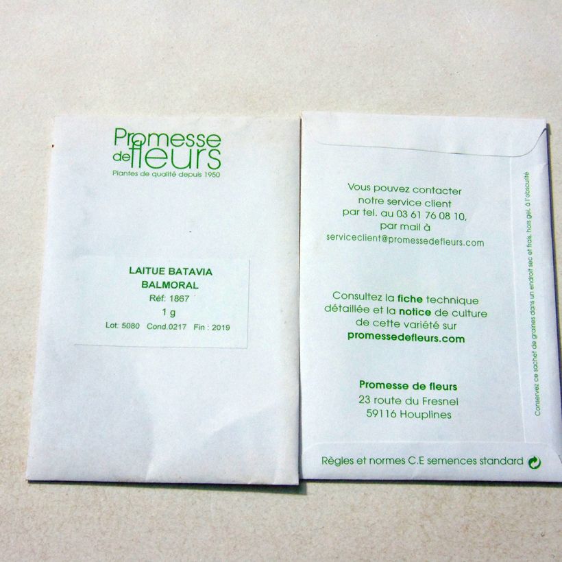 Beispiel eines Exemplars von Bataviasalat Balmoral die Tüte mit Samen von 1 Gramm wie geliefert