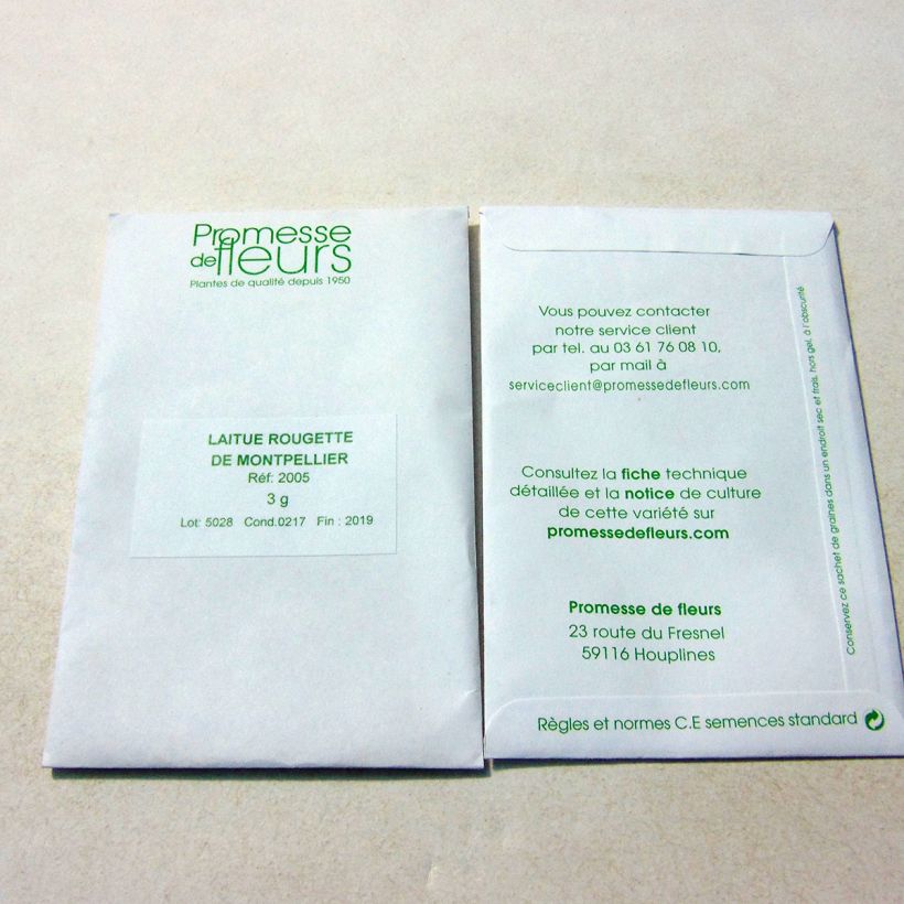 Beispiel eines Exemplars von Kopfsalat Rougette de Montpellier die Tüte mit 2500 Samen ungefähr (3g) wie geliefert