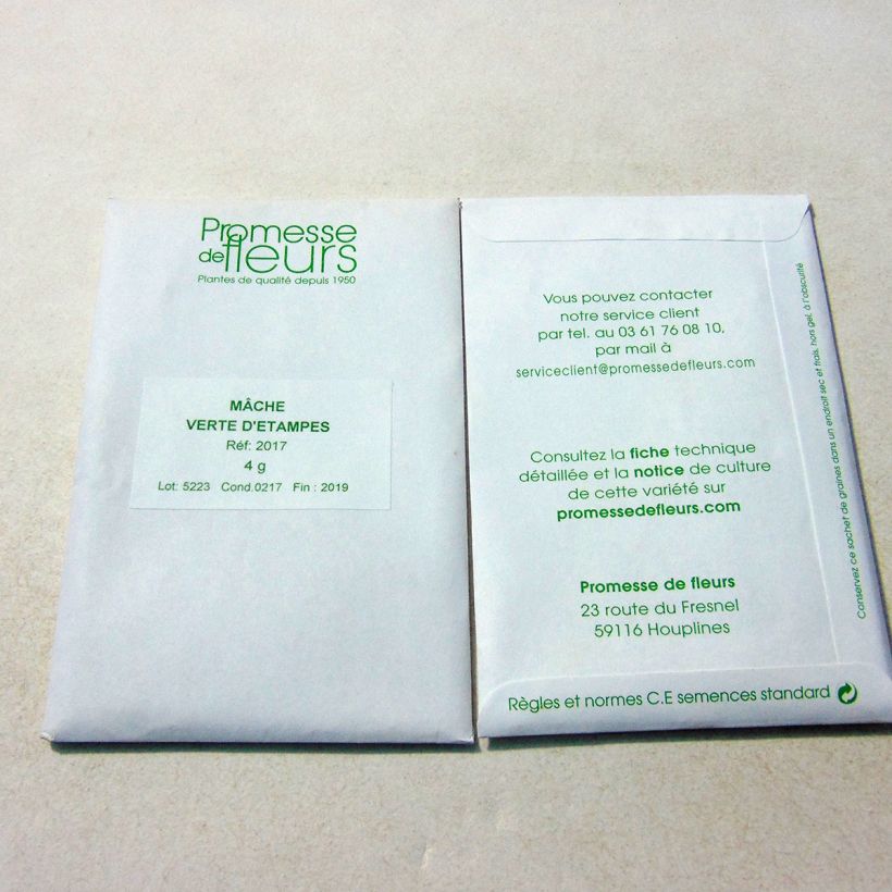 Beispiel eines Exemplars von Gewöhnlicher Feldsalat Verte d'Etampes die Tüte mit 3000 Samen ungefähr (4g) wie geliefert