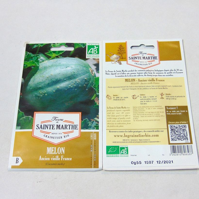 Beispiel eines Exemplars von Melone Ancien Vieille France Bio - Ferme de Sainte Marthe die Tüte mit 15 Samen ungefähr wie geliefert