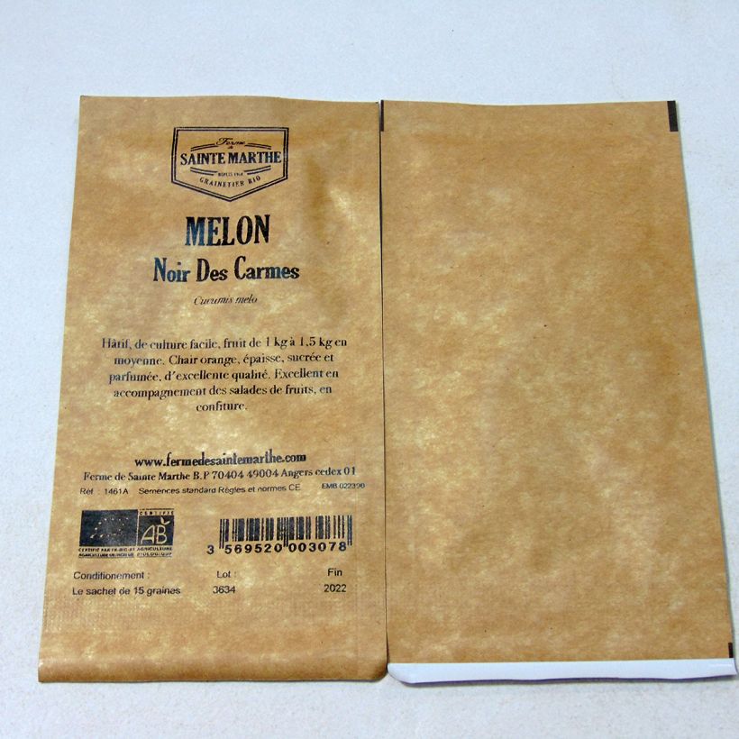 Beispiel eines Exemplars von Melone Noir des Carmes Bio - Ferme de Sainte Marthe die Tüte mit 15 Samen ungefähr wie geliefert
