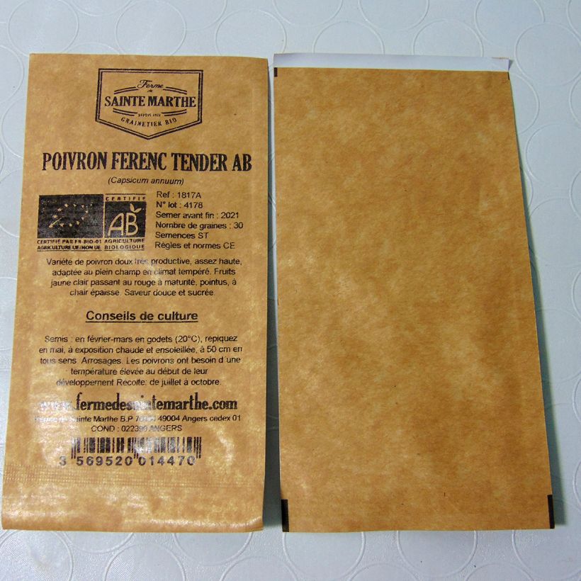 Beispiel eines Exemplars von Paprika Ferenc Tender Bio - Ferme de Sainte Marthe die Tüte mit 30 Samen ungefähr wie geliefert