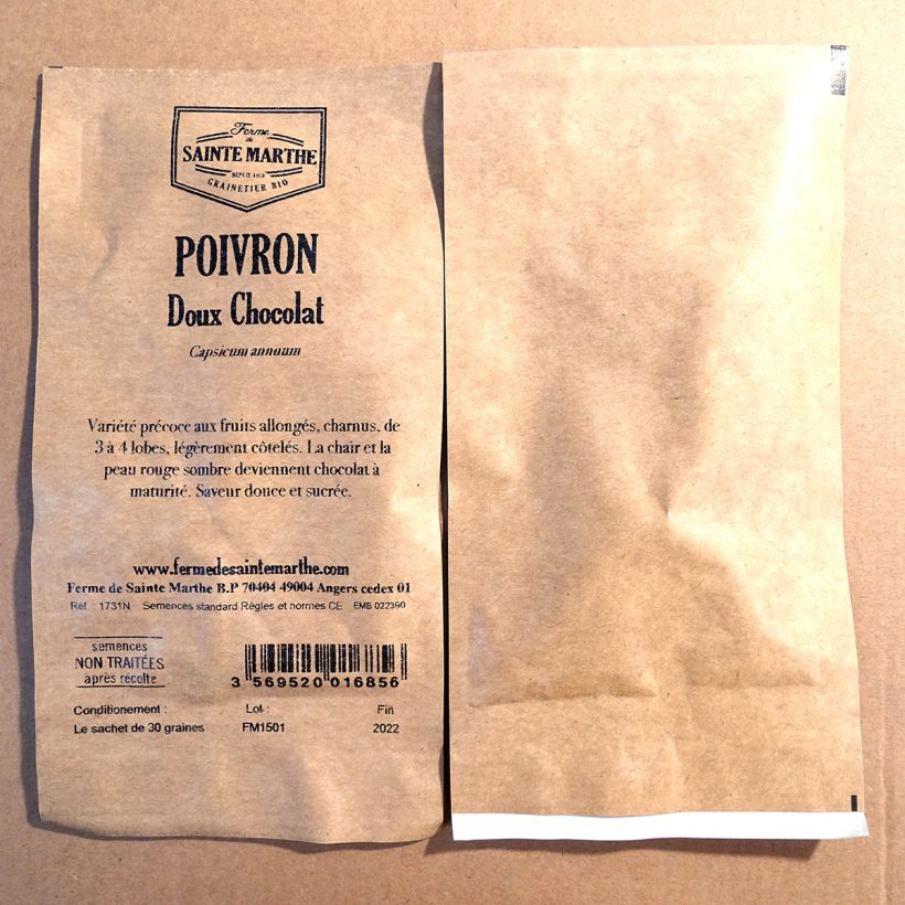 Beispiel eines Exemplars von Paprika Chocolate - Ferme de Sainte Marthe die Tüte mit 30 Samen ungefähr (Sachet de 30 grainesg) wie geliefert