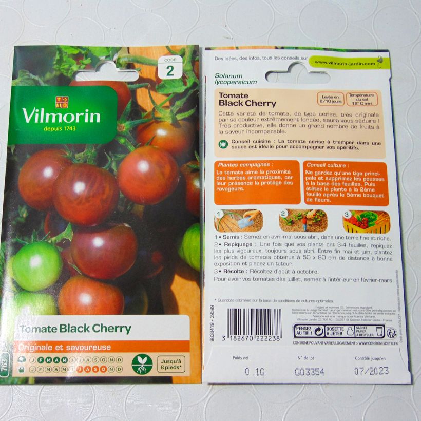 Beispiel eines Exemplars von Kirschtomate Black Cherry - Vilmorin die Tüte mit 30 Samen ungefähr (0,1g) wie geliefert