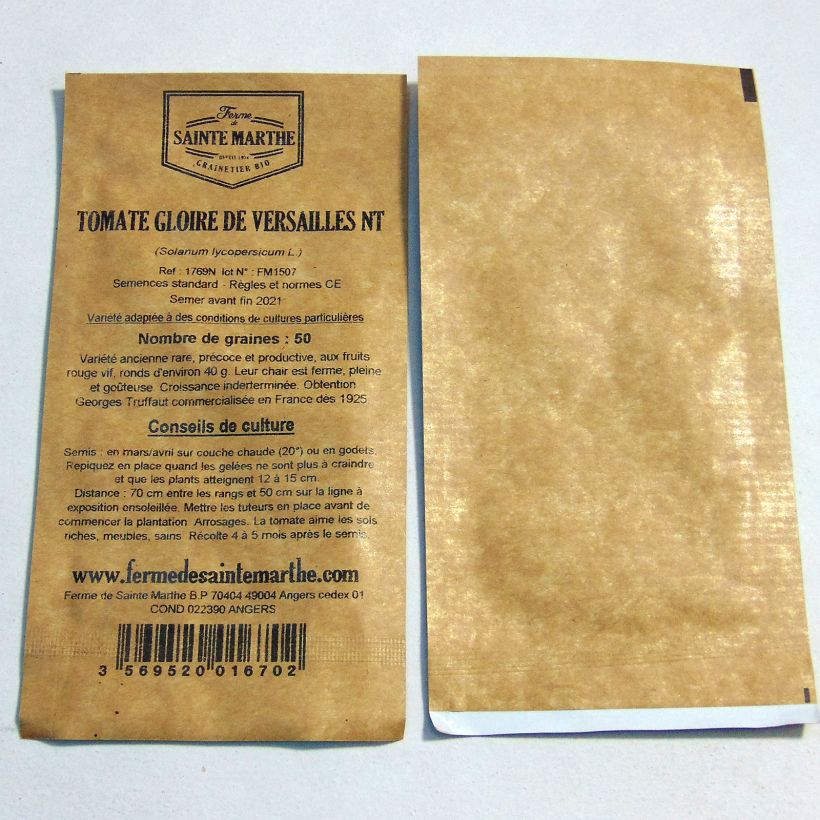 Beispiel eines Exemplars von Tomate Gloire de Versailles die Tüte mit 50 Samen ungefähr wie geliefert