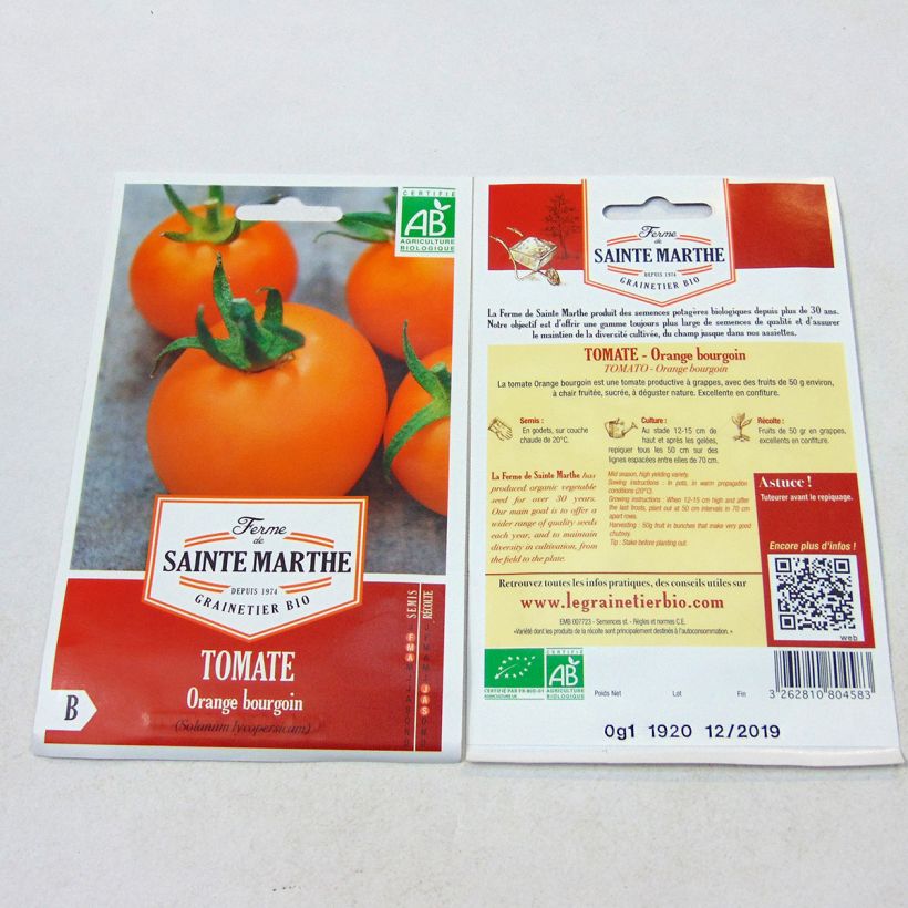 Beispiel eines Exemplars von Tomate Orange Bourgoin Bio die Tüte mit 40 Samen ungefähr wie geliefert