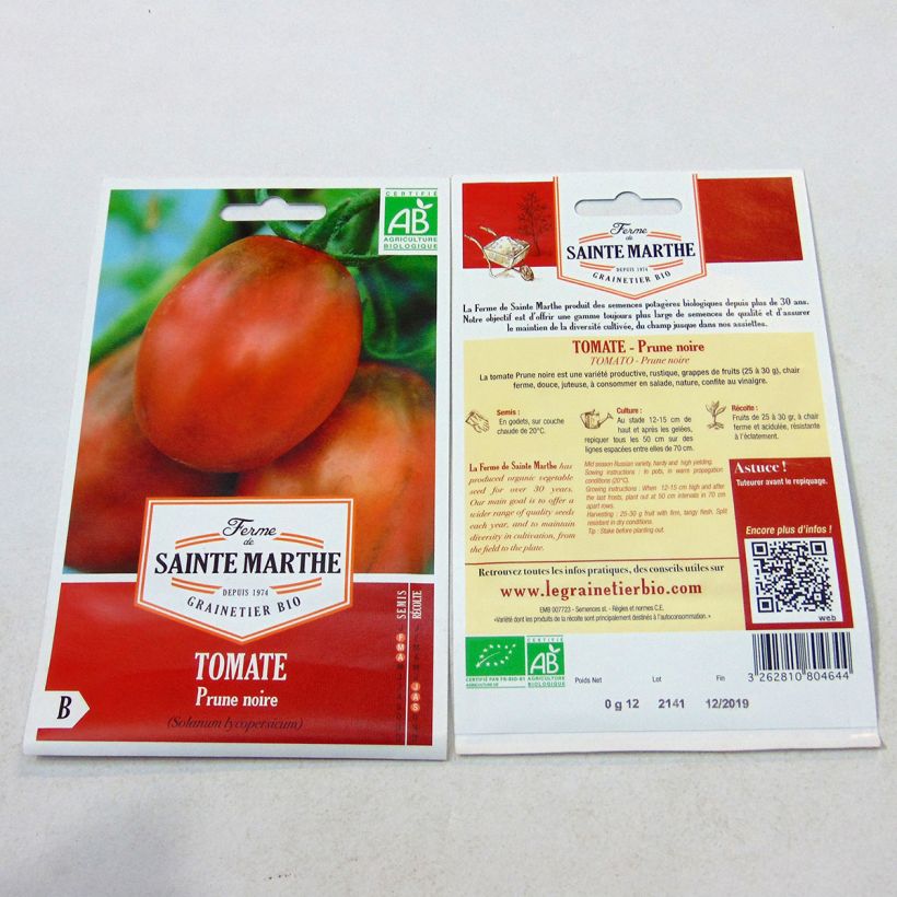 Beispiel eines Exemplars von Tomate Prune Noire Bio die Tüte mit 40 Samen ungefähr wie geliefert