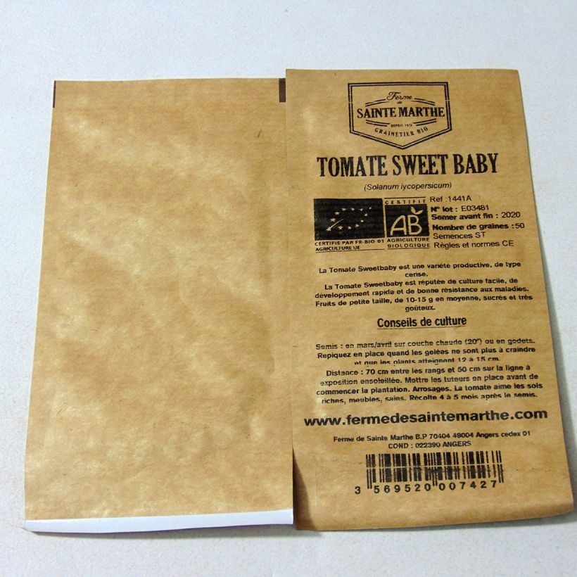 Beispiel eines Exemplars von Kirschtomate Sweetbaby Bio die Tüte mit 50 Samen ungefähr wie geliefert