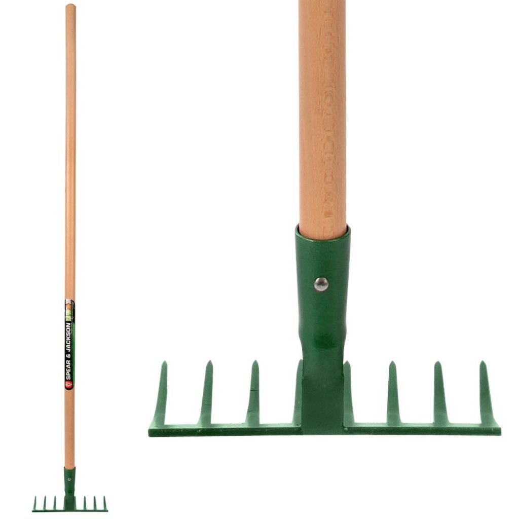 Schmaler Felsengartenrechen aus gehärtetem Stahl mit 8 gebogenen Zinken von Spear & Jackson